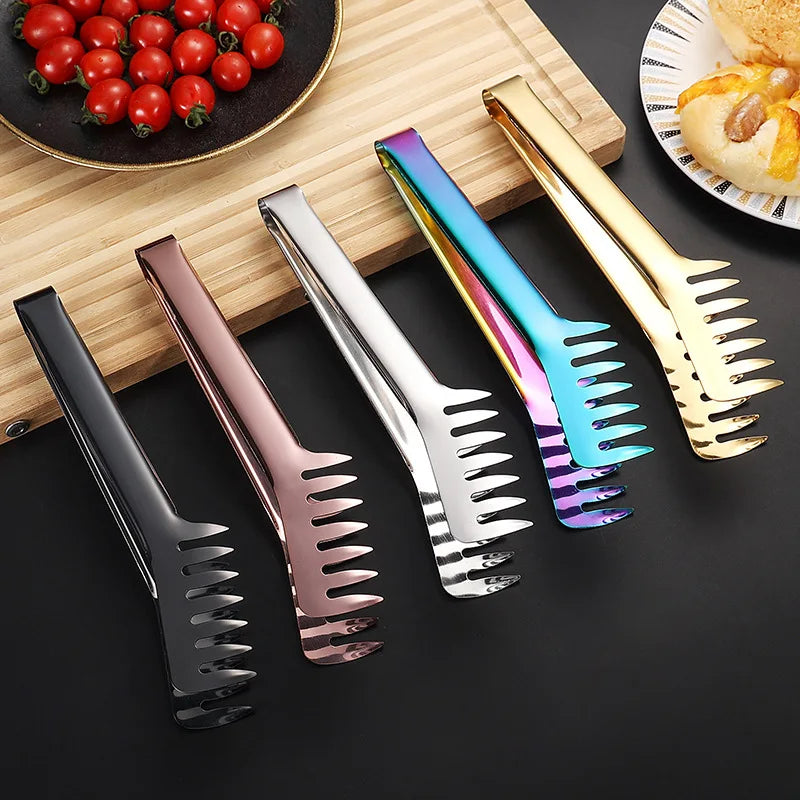 Kitchen Color Electroplating Stainless Steel Spaghetti Salad Egg Tongs with Fingers Baking Buffet Cafeteria Clips Tongs