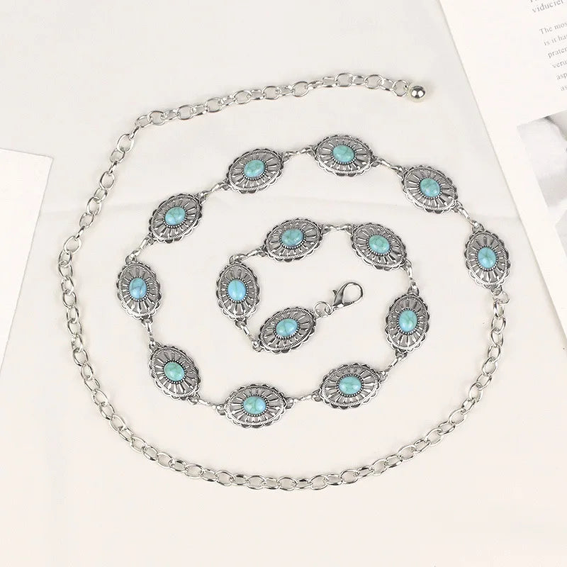 Turquoise Metal Waist Chain for Women Fashion Dress Decoration Chain