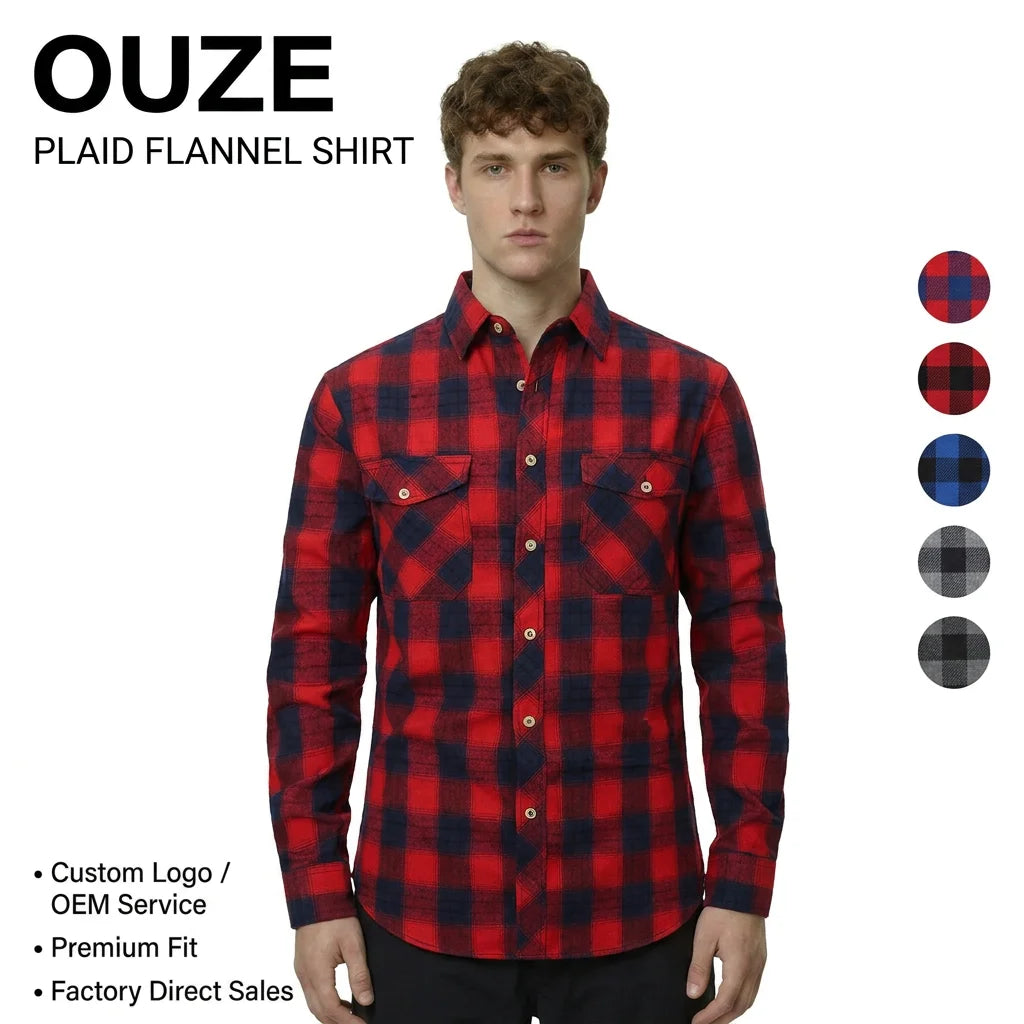 Spring and Summer Slim-fitting Fashionable Brushed Checkered High-end Long-sleeved Double-pocket Flannel Men's Shirt