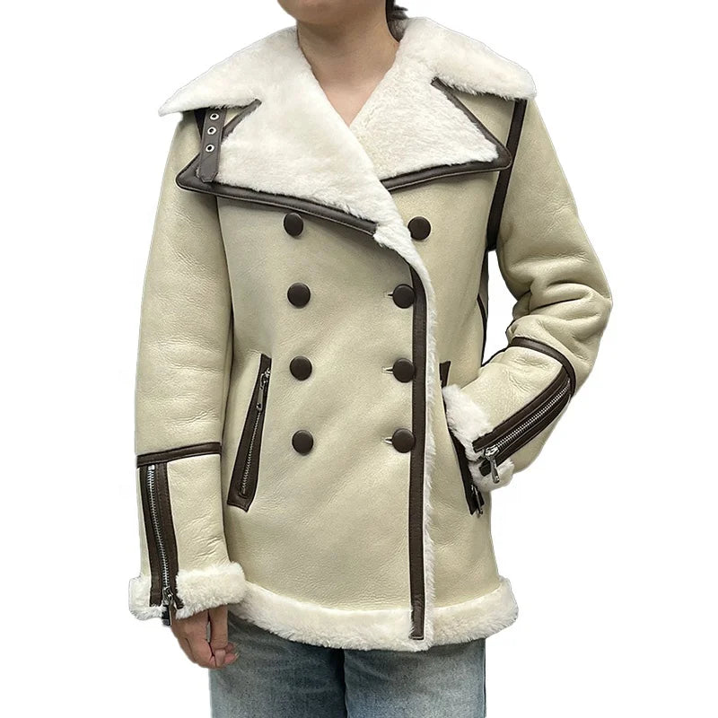 New Fashion Winter Warm Leather Fur Coat Turn Down Collar Luxury Women Shearling Jacket