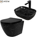 2023 MYN Good Sale Black White Bathroom Porcelain Ceramic Marble Art Countertop Washbasin Wall Hung Toilet Set