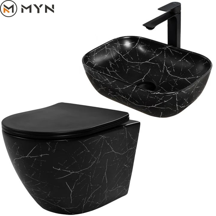 2023 MYN Good Sale Black White Bathroom Porcelain Ceramic Marble Art Countertop Washbasin Wall Hung Toilet Set