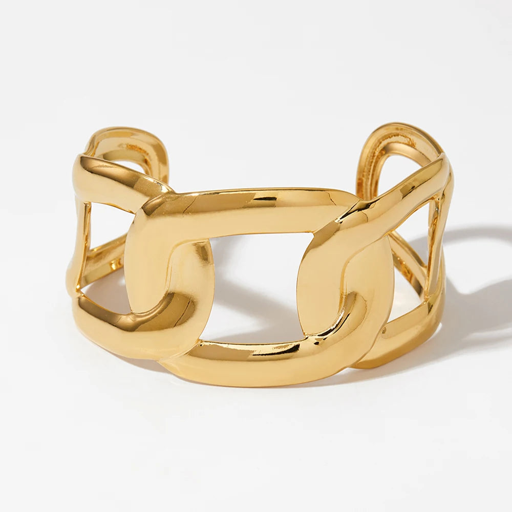 CLIORO Women's Adjustable Fashion Hollow Gold Plated Stainless Steel Open Cuff Bangles Waterproof Wide Design