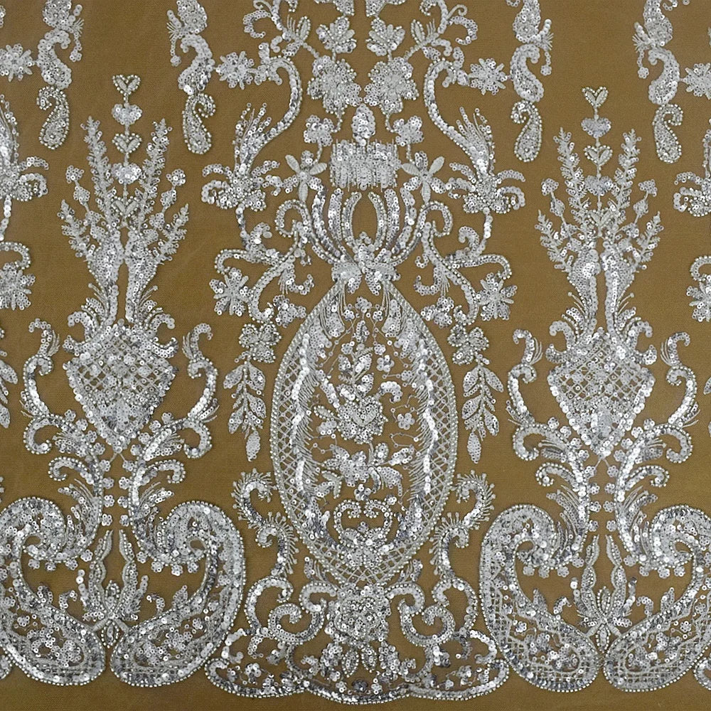 HY2359-1 White Nigerian Sequins Dress Mesh Beaded Fabric Sew Clothes Traditional Evening Lace