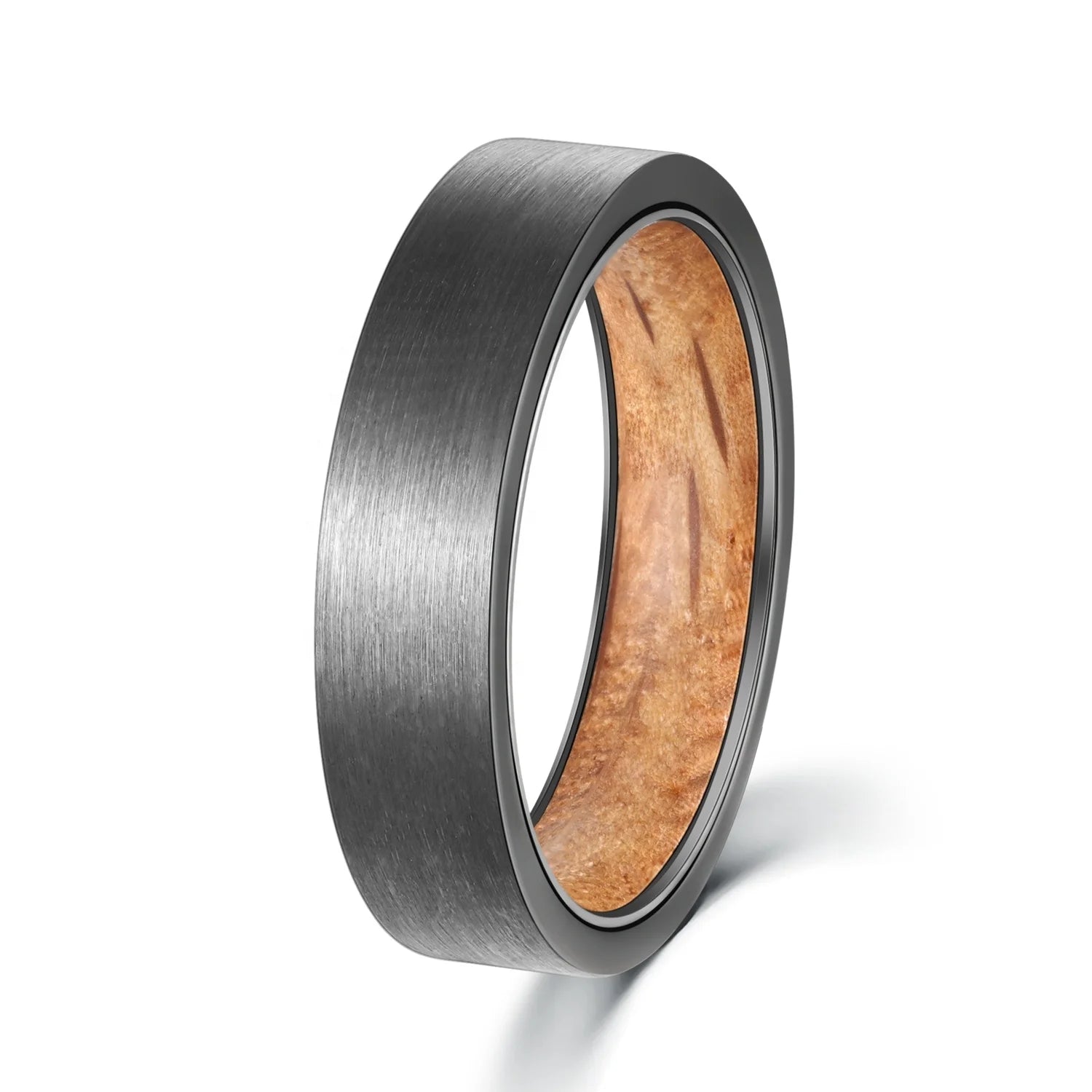 POYA Gunmetal Plated Tungsten Rings Inlay Whiskey Barrel Oak Mens 5.5mm 7mm Wooden Vintage Wedding Band