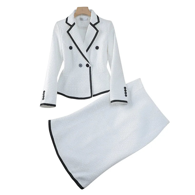 Wholesale Woollen Elegant White Suits Women Office Lady Suit Tweed Blazer Set Women Skirt Suits Office Formal