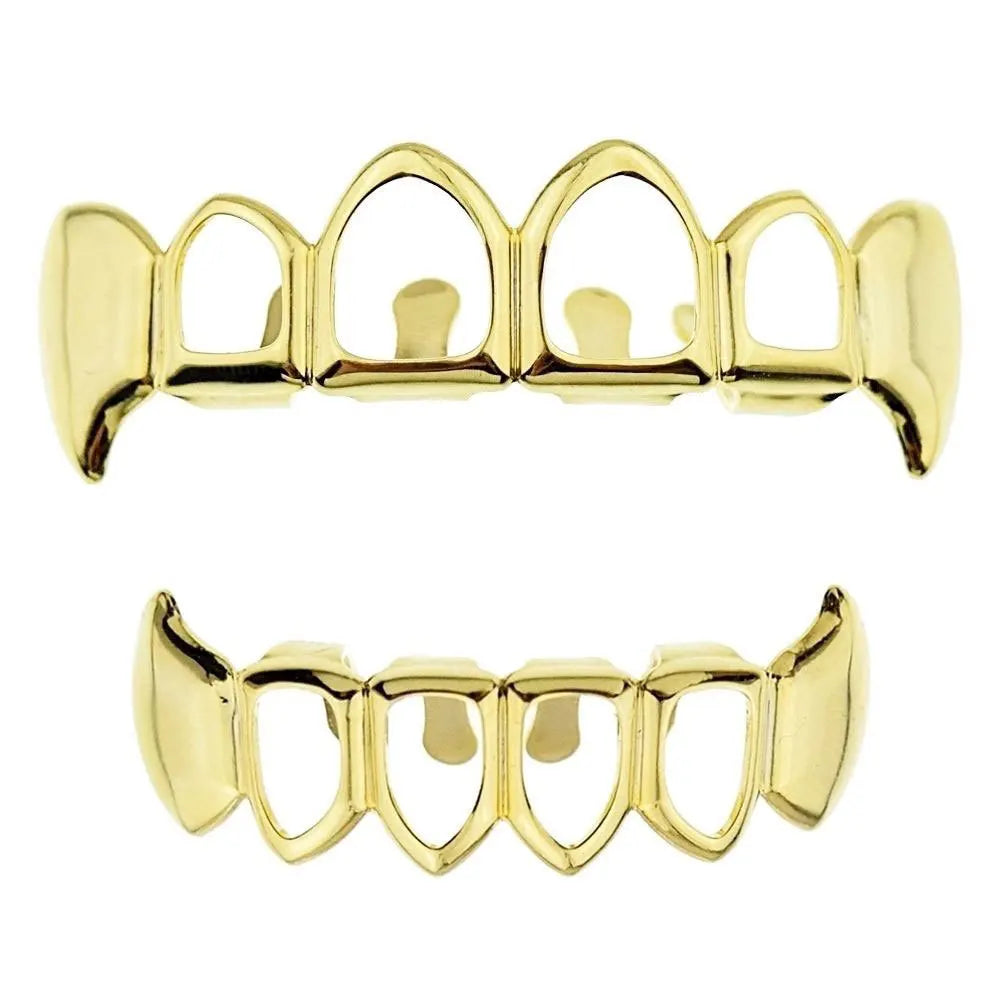 Hot Trend Durable Non-Tarnish Brass Fangs Set Copper Gold Plated Hollow Tooth Grillz for Engagement Party Wedding As a Gift