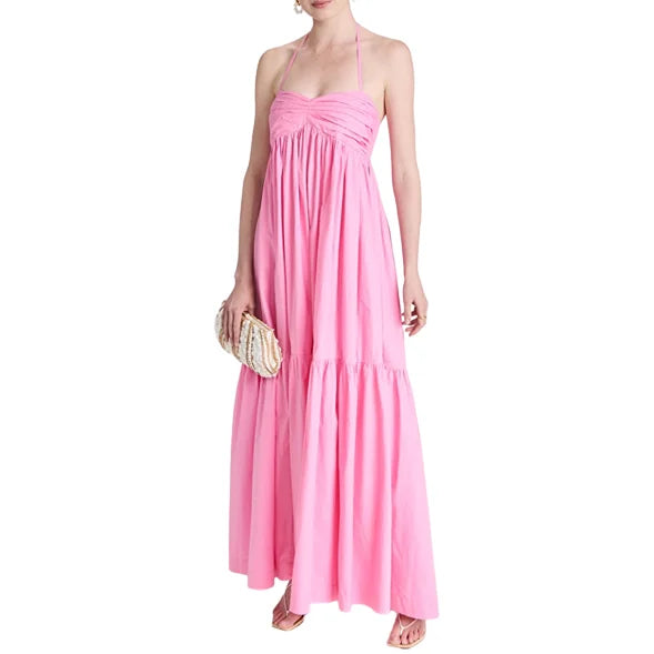 Women Halter Neck Casual Loose Fit Ruched Bust Sleeveless Maxi Dress
