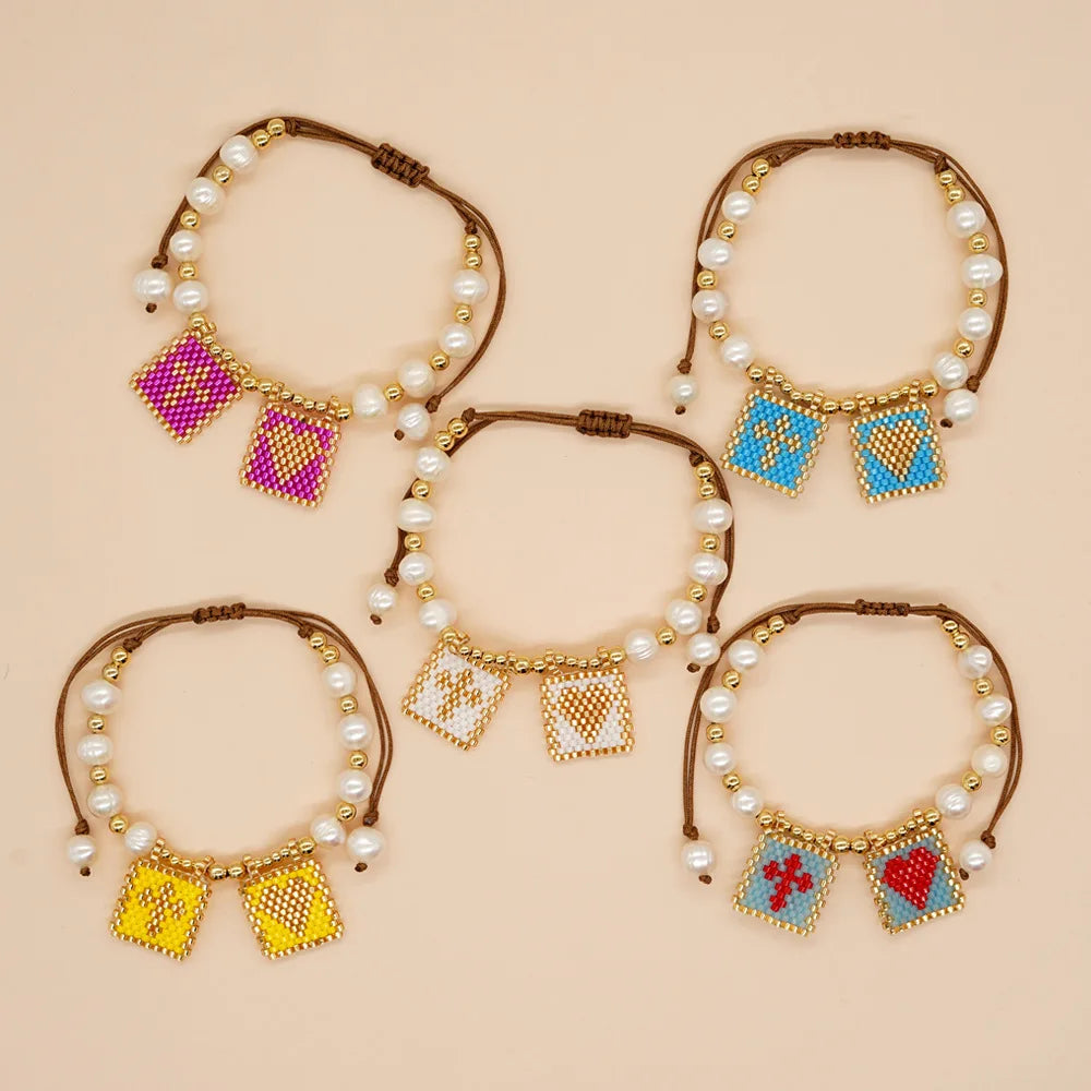 Handmade Boho Miyuki Seed Beads Jewelry Heart Cross Charm Gold Bead Bracelet Fresh Water Pearl Bracelet