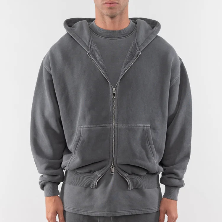 Wholesale Light Grey French Terry Full Zip Hoodie for Men 100% Cotton Custom Vintage Wash Winter Season with Hooded Collar
