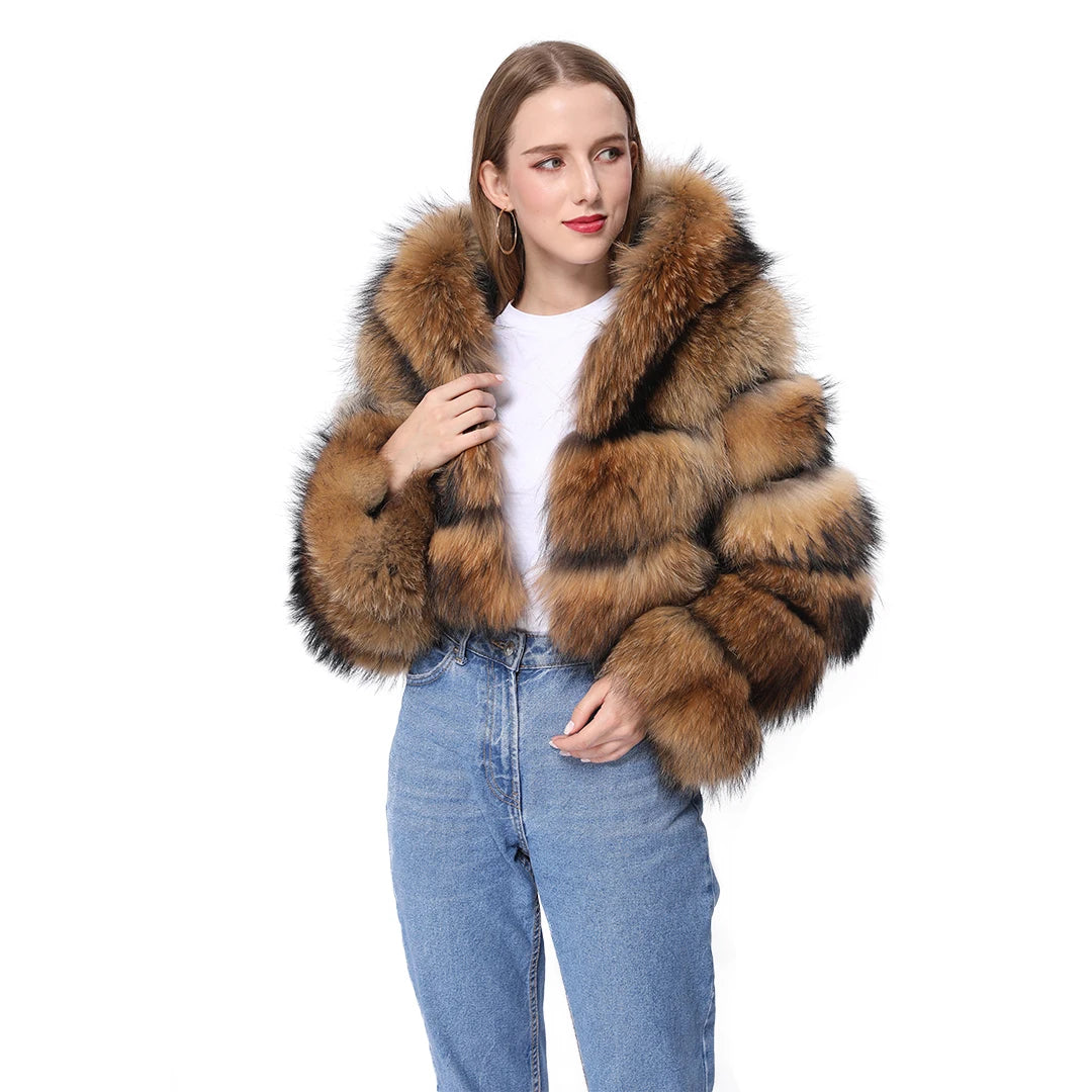 Fashion Design Women Street Wear Warm Winter Fluffy Brown Raccoon Fur Bomber Jacket