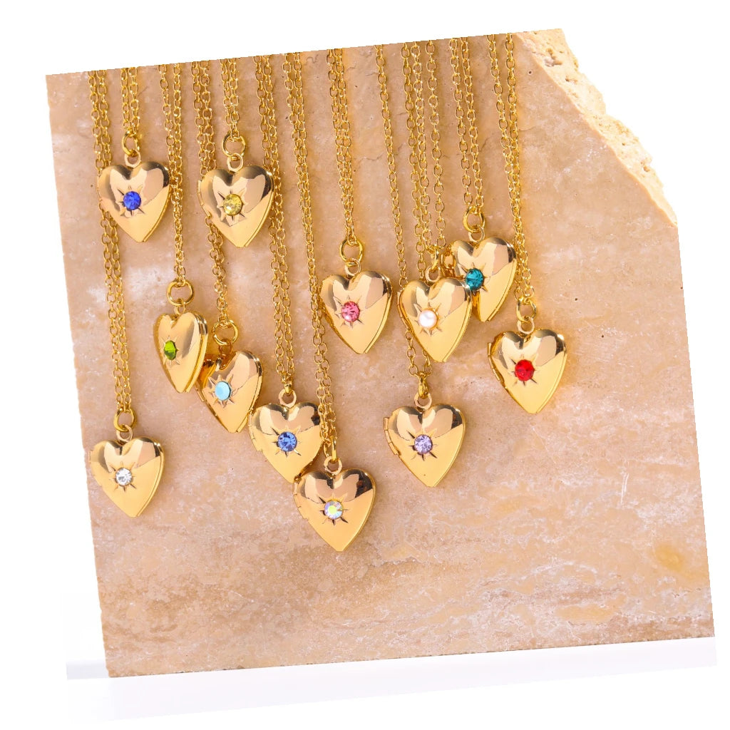 Fashion Birthstone Love Openable Picture Photo Locket Necklace 18K Gold Plated Fine Heart Jewelry for Women Mother's Day Gift