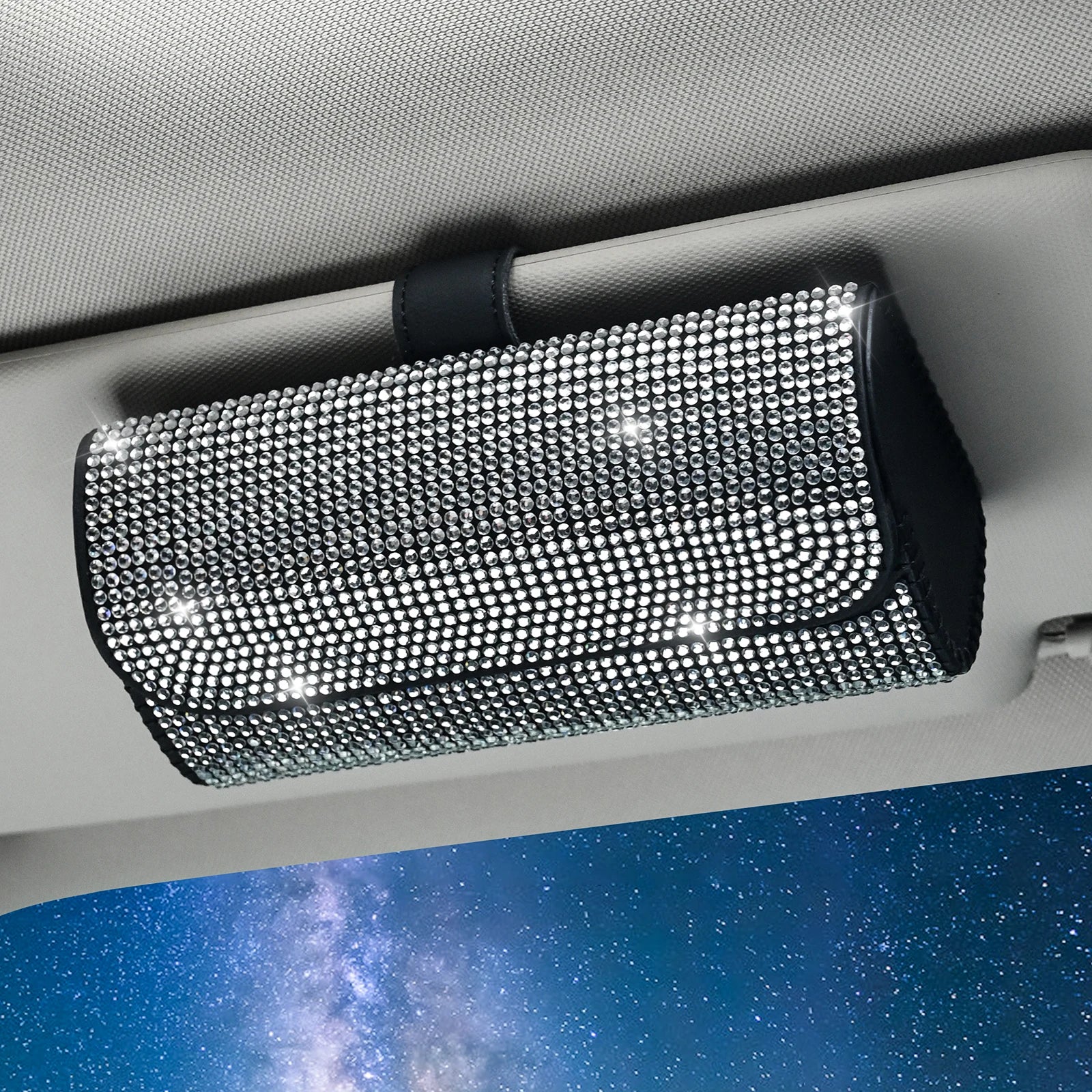 In Stock Magnetic Closure Bling Pu Leather Magnetic Closure Sunglass Visor Car  With Clip Hanger Car Visor Sunglasses Holder