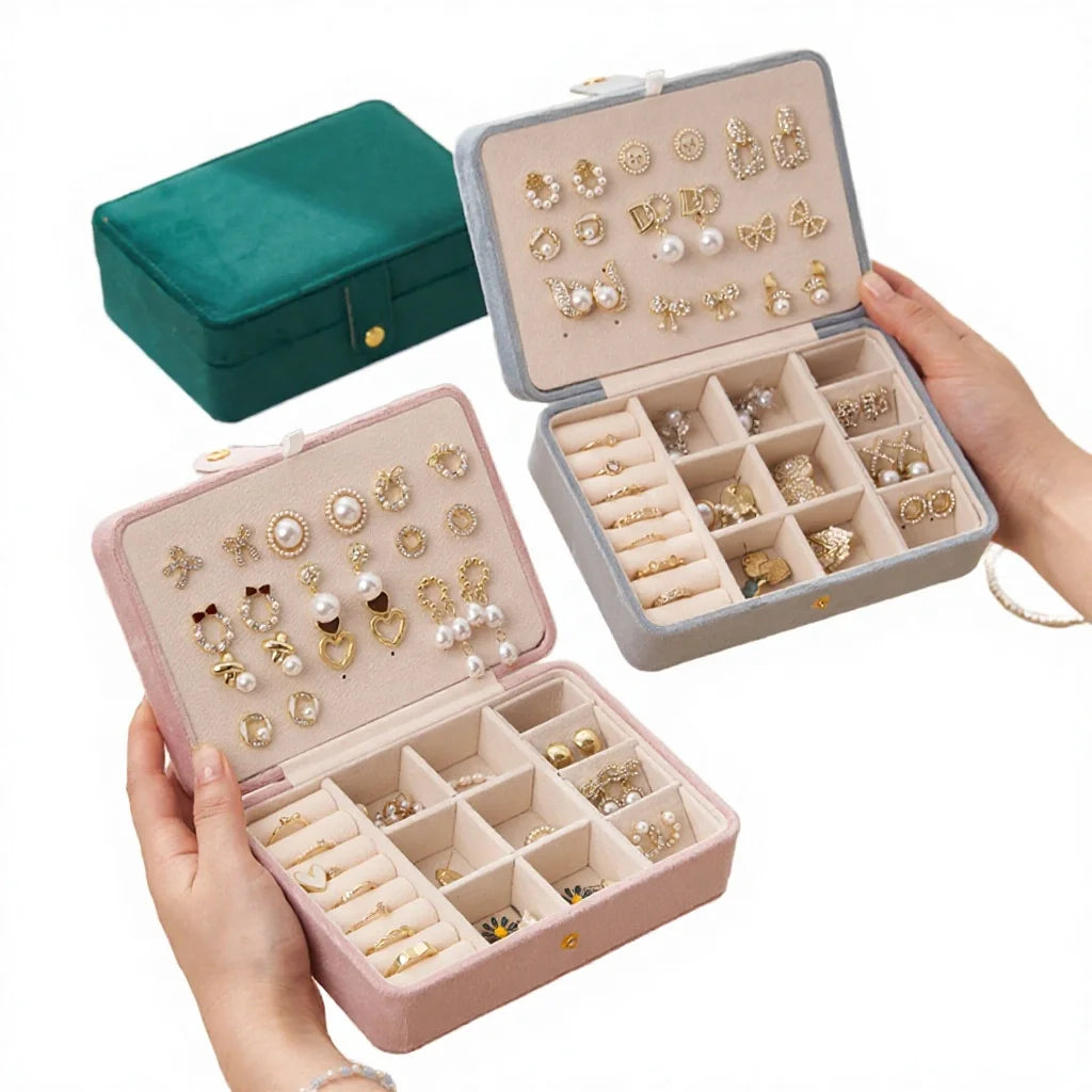 New Design Velvet Rectangle Jewelry Organizer Storage Rings Earrings Necklace Luxury Travel 3-Layer Button Closure Large Jewelry