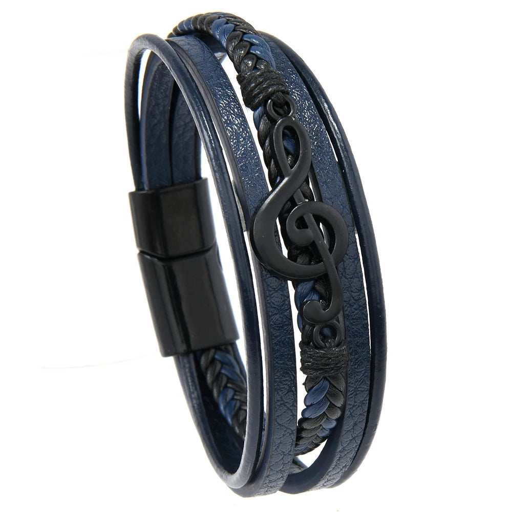 Wholesale Hip-hop Rock Jewelry Bracelets Bangles Fashion Note PU and Genuine Leather Bracelet for Men
