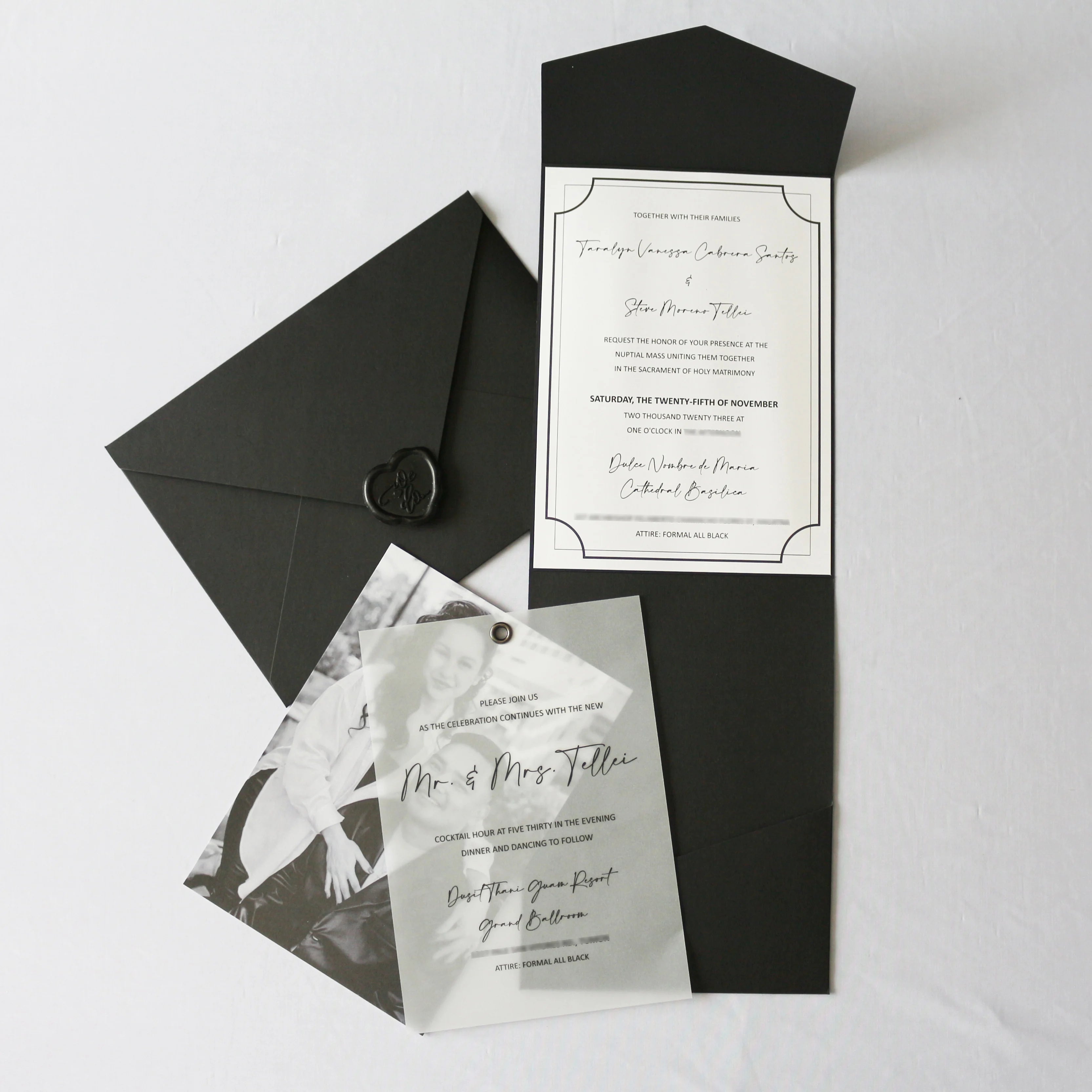 Modern Elegance Personalized Photo Wedding Invitations Black Foil Paper Pocket Invitation Card With Envelope Heart Wax Seal