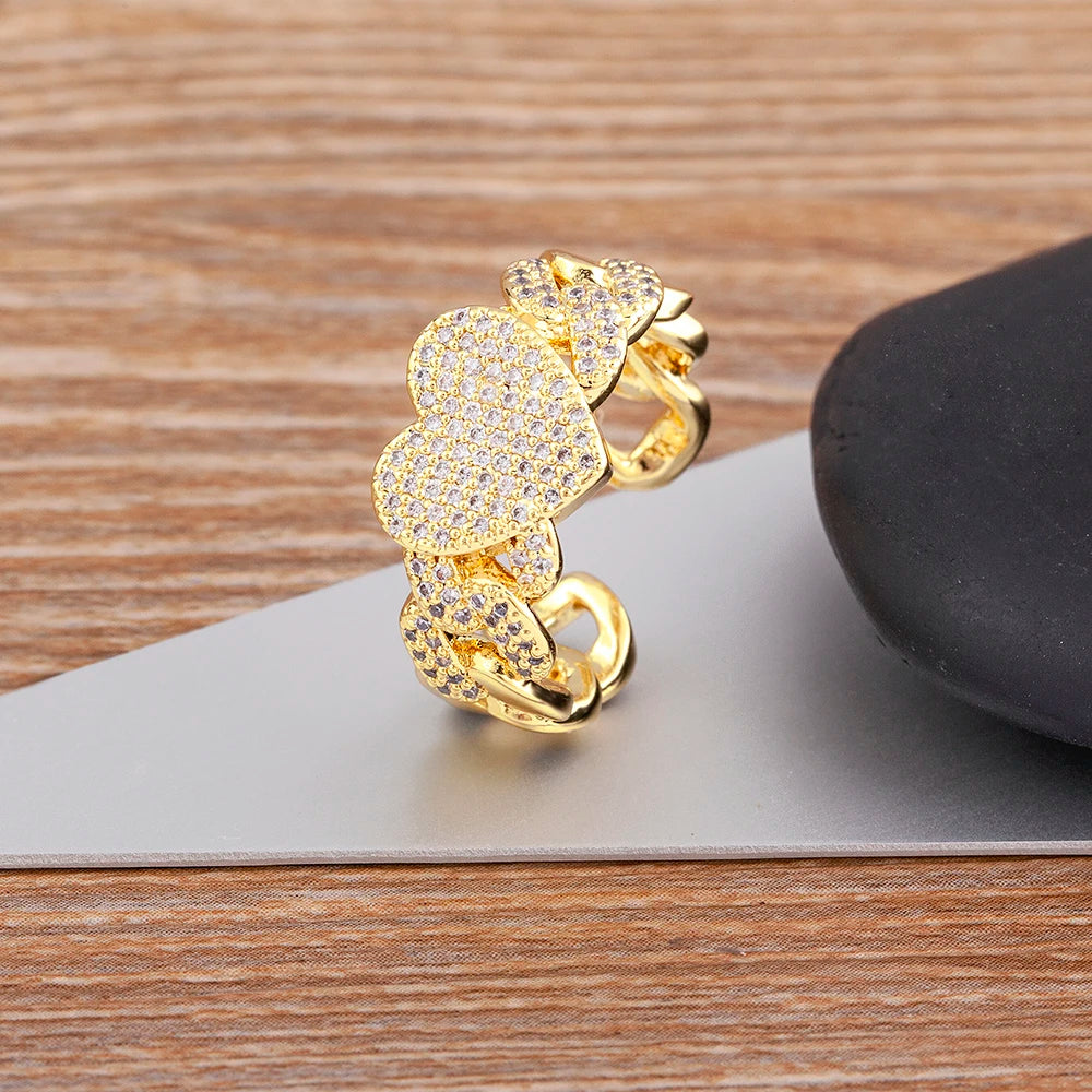 QIKU Full Crystal Heart Shape Opening Adjustable Rings Gold Color Copper Zircon Wedding Party Jewelry Gift Customized Wholesale