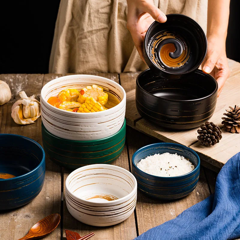 Matte Black White Hand-Painted Large Capacity Soup Cereal Salad Porcelain Bowls Classic Round Style Rice Bowl Ceramic Bowls