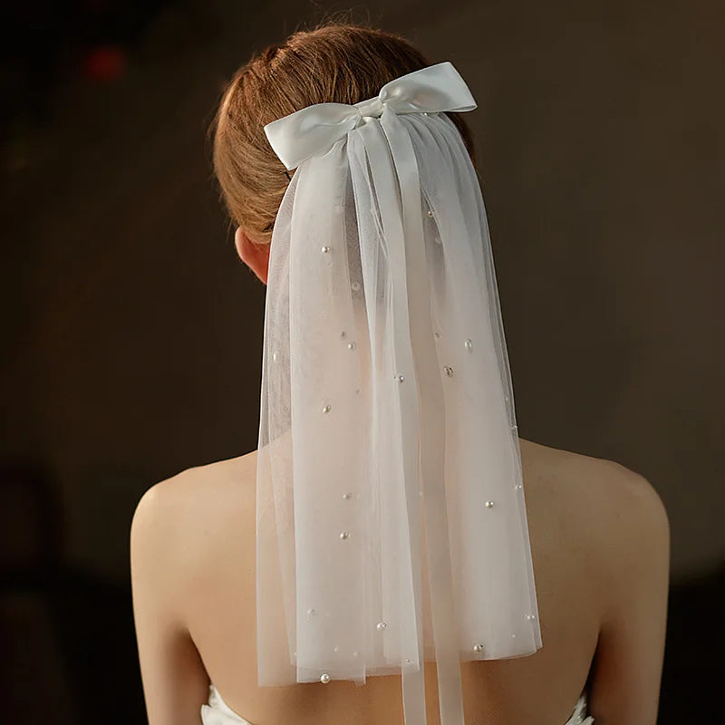 IVANHOE Double Layered Retro Sheer Bride Short Hair Pearl Bow Veil with Cute Pearl Veil Hair Accessories
