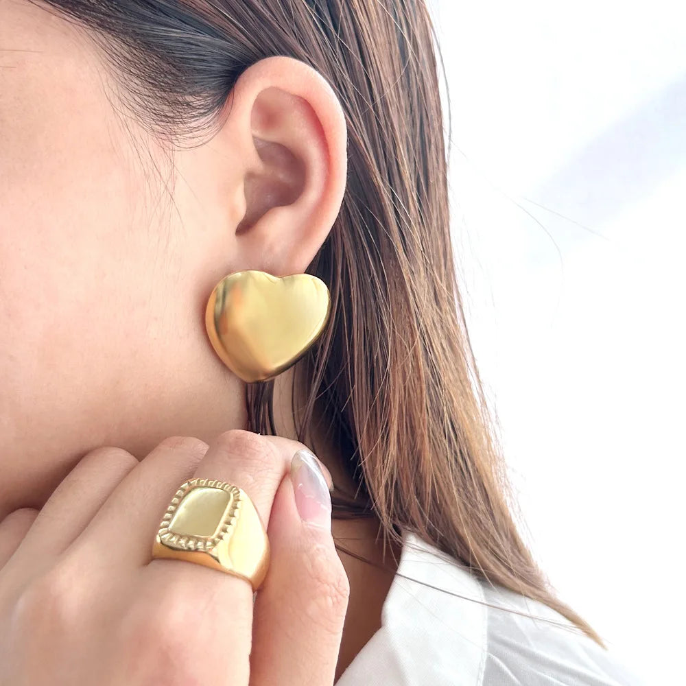 Women Hypoallergenic Puffy Chunky Irregular Heart Non Tarnish Waterproof Stainless Steel Gold Plated Stud Earrings Jewelry