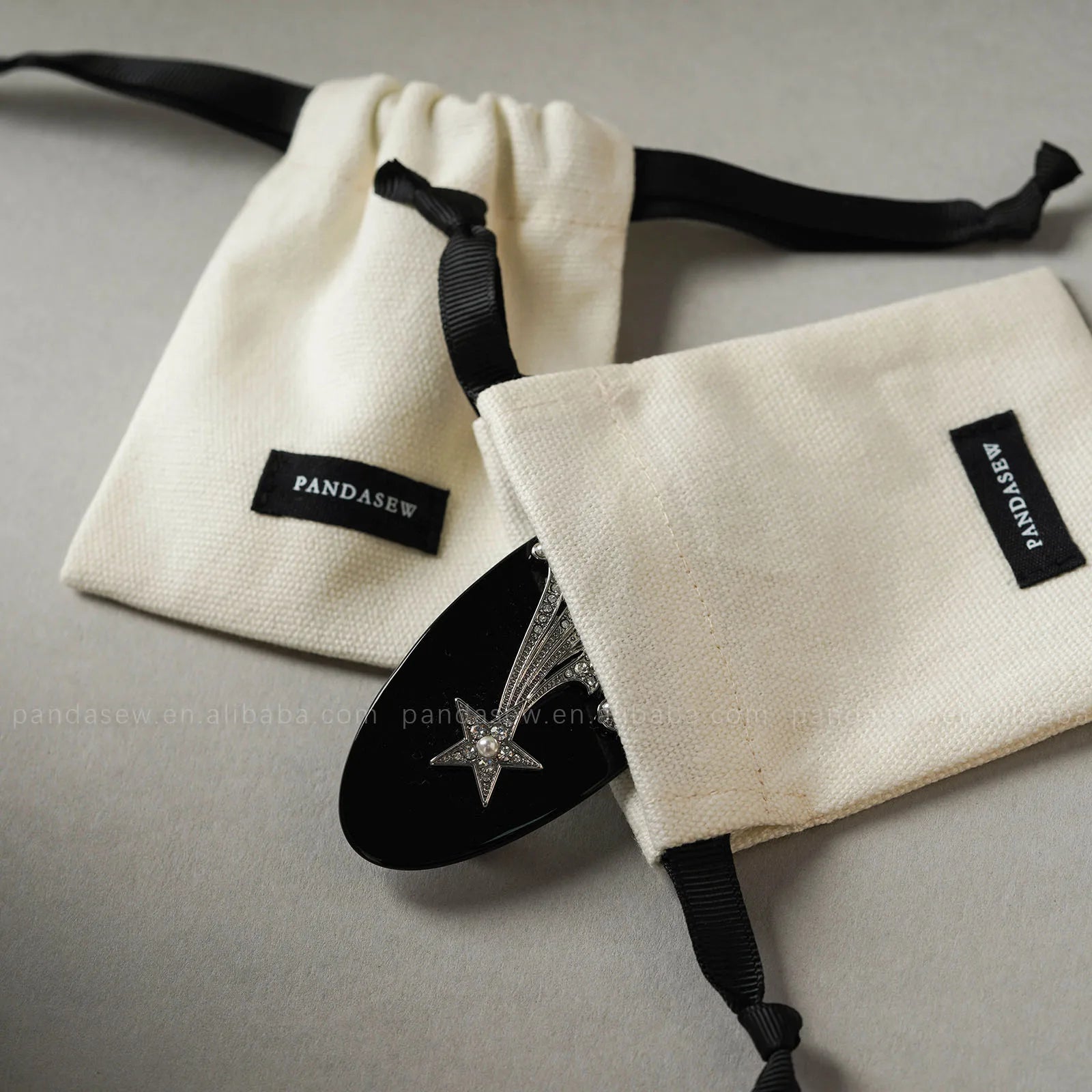PandaSew Beige 12 Ounces Cotton Canvas Drawstring Pouch with Label Gift Jewelry Packaging Bags Dust Bag Custom Logo