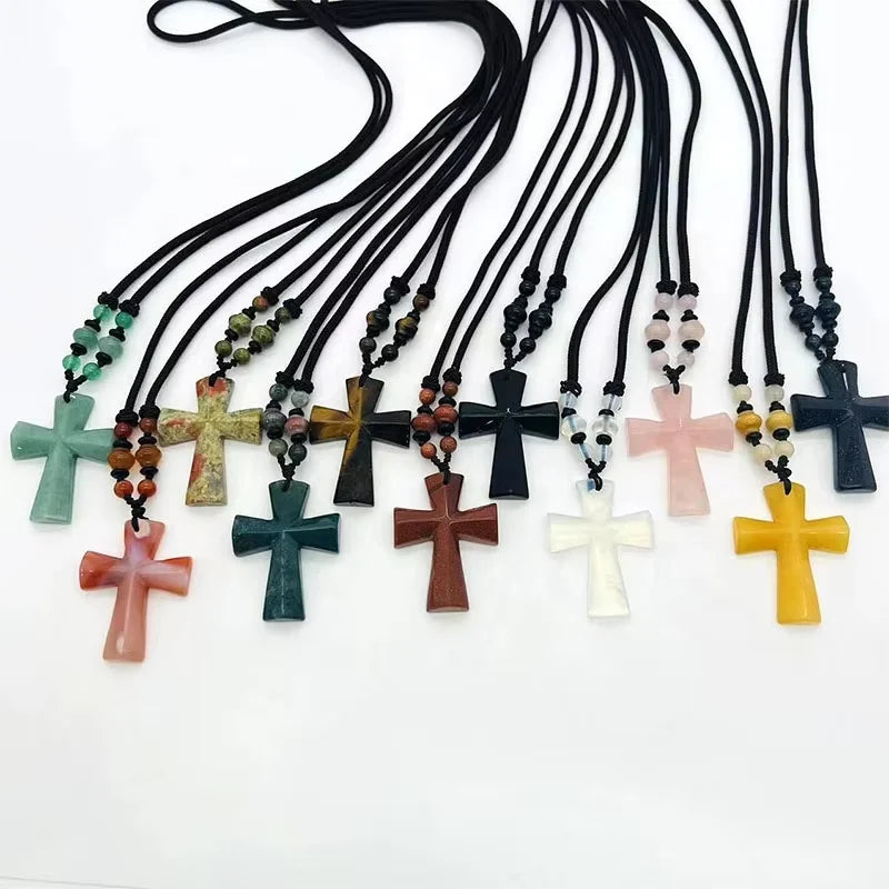New Product Cross Pendant Fashion Jewelry Rose Quartz Obsidian Crystal Pendants for Gift