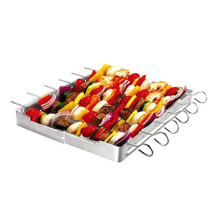 Heavy Duty 6pcs Stainless Steel Shish Kabob Skewer Set with Foldable Grill Rack Premium BBQ Tools