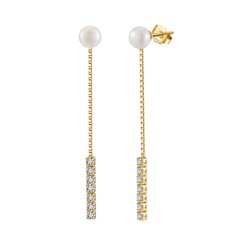 RINNTIN GPE112 925 Sterling Silver Freshwater Pearl Earrings Women Fashion Jewelry 5A Zircon Dangle Tassel Chain Earring