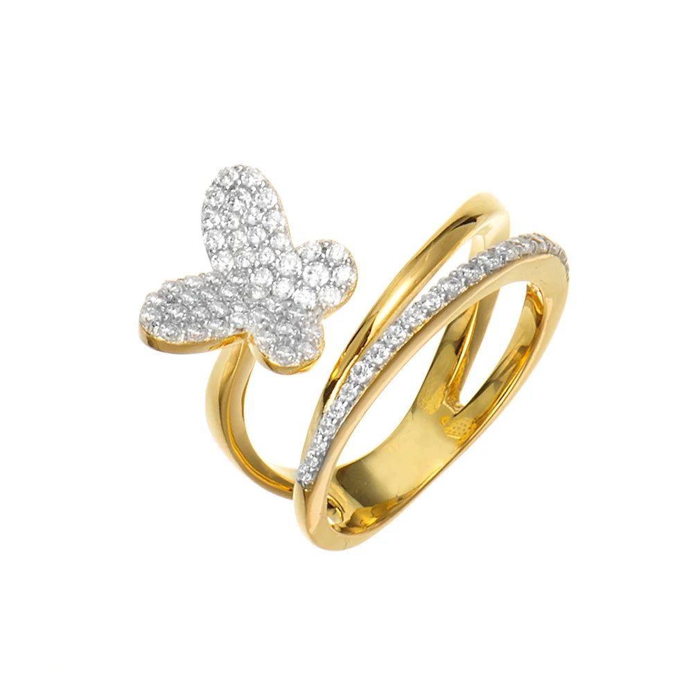 Women's Trendy Gold-Plated 925 Silver Butterfly Ring with White CZ Rhodium Plated for Engagement Anniversary Weddings Parties MegaBDM