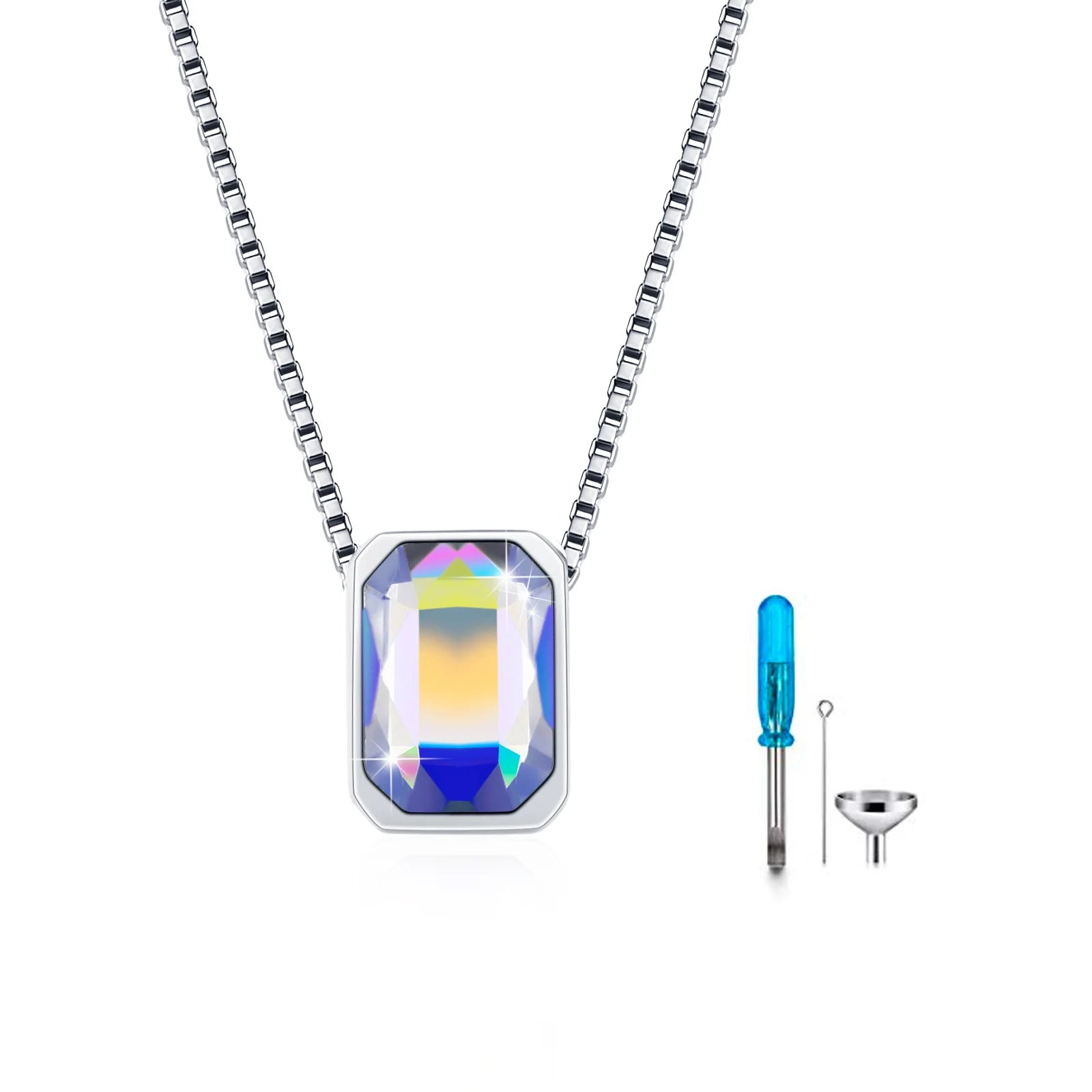 YFN Jewelry 925 Sterling Silver 18+2 Inch Extend Box Chain Geometric Crystal Urn Necklace