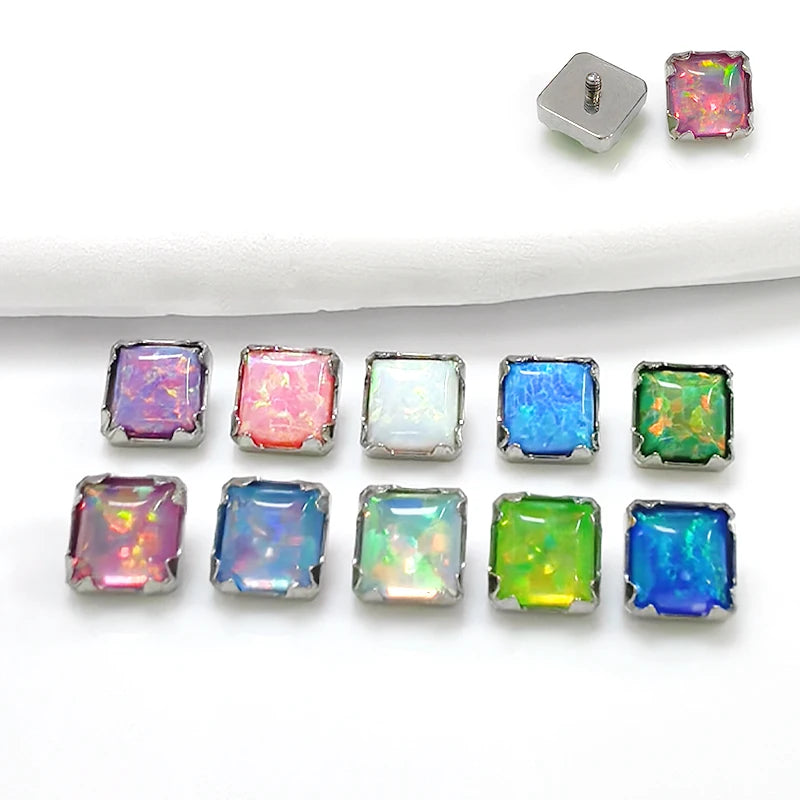 F136 Titanium Ear Piercing Opal Flat Back Screw Thread Square Opal  Body Piercing Jewelry