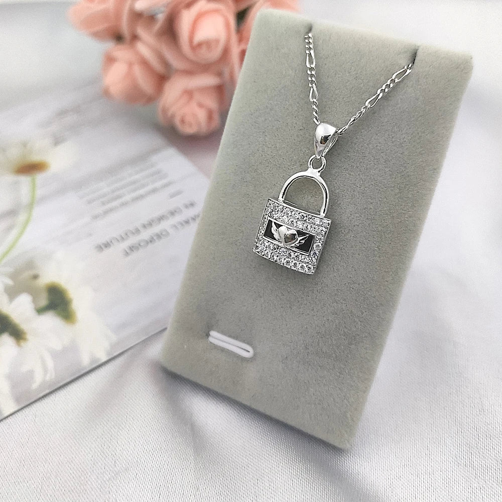 Pure Sterling 925 Silver Jewelry Charm Pendant in Locket Heart Wing Pendant Heart Lock Necklace Key Design