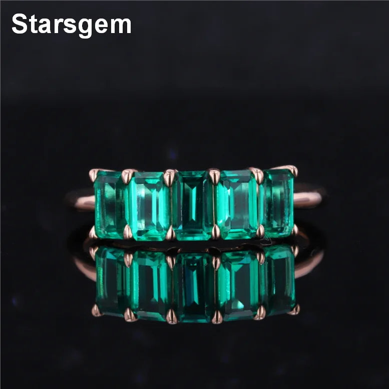 Starsgem Five Green Stone Jewelry Emerald Cut Lab Grown Emerald 14K Solid Gold Ring