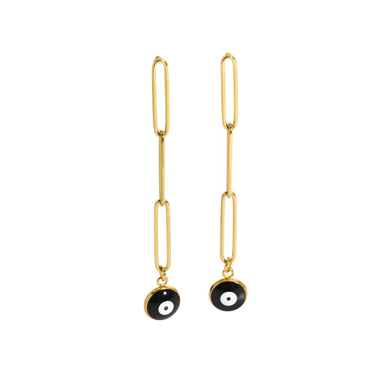 Minimalist 18K Steel IP Gold Plated Long Paper Clip Chain Black Enamel Freshwater Pearls  Earrings Jewelry Waterproof Female