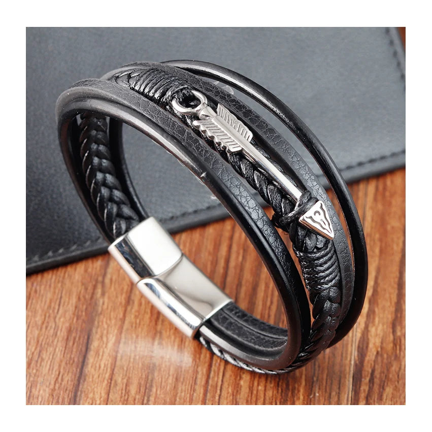 Trendy Vintage Design Men's Cuff Bracelets Multi Layer Charm Magnet Buckle Anchor Hand Jewelry for Anniversary