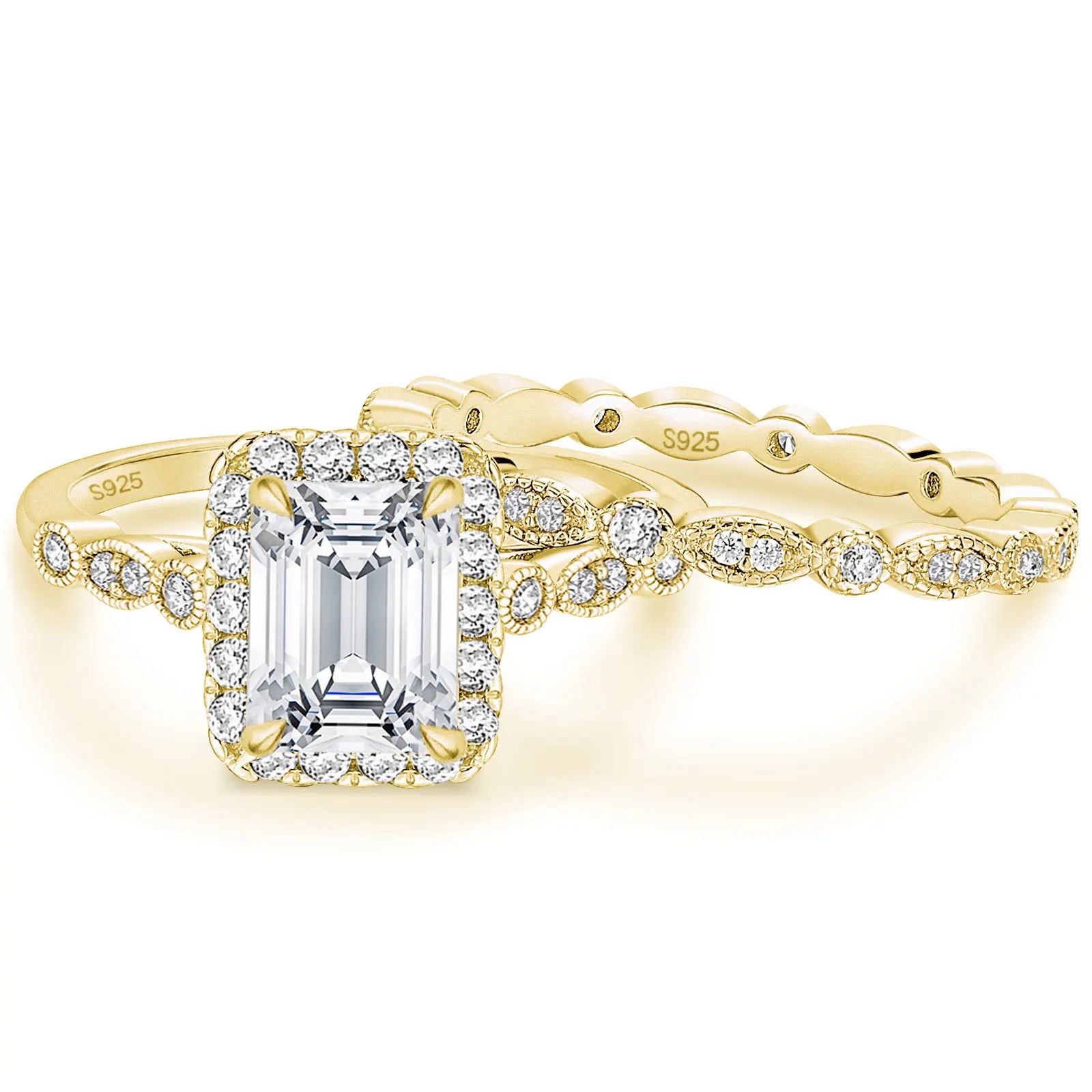 OAHLAN 14K Gold Plated 2CT 925 Sterling Silver Bridal Ring Sets Emerald Cut CZ Engagement Rings Vintage Wedding Bands for Women