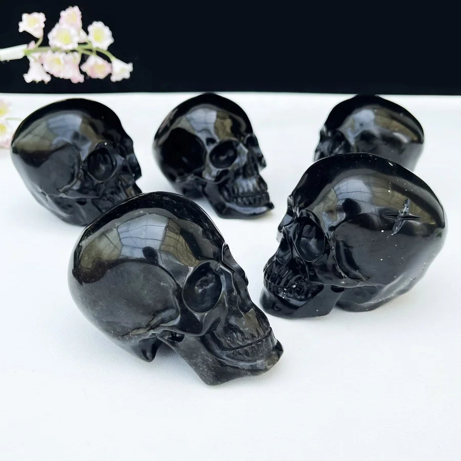 Polished Crystal Skulls Healing Stones Engraved Black Obsidian Skulls