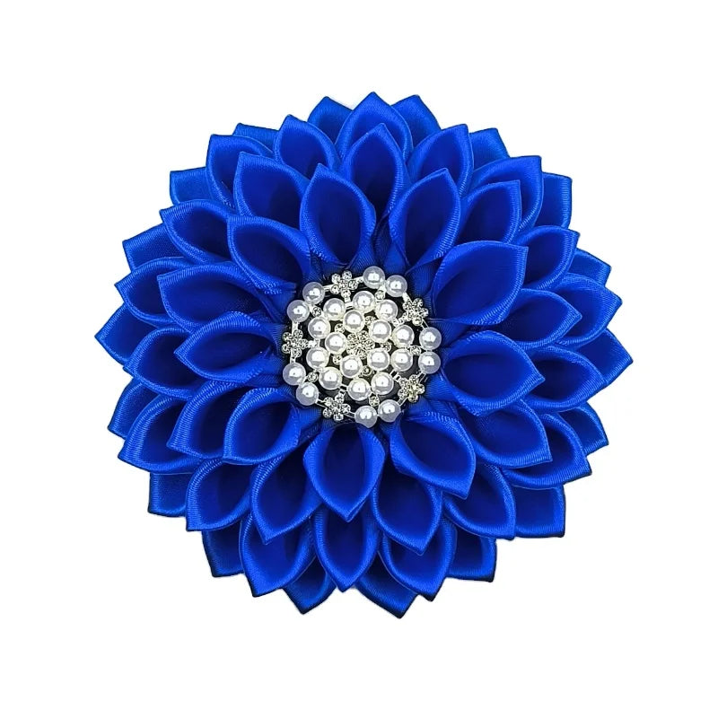 Kimmy Blue Elegant Petal Flower Pink Polyester Ribbon Brooch Pins with Rhinestone Pearl for Women Wedding Party Gift