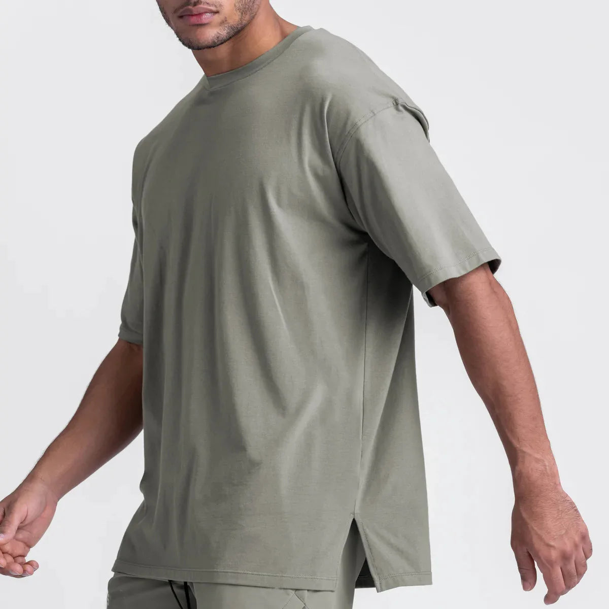 Split Side Cotton Oversized Drop Shoulder Shirts Luxury Sports Athletic Fitness Gym T-shirts for Men