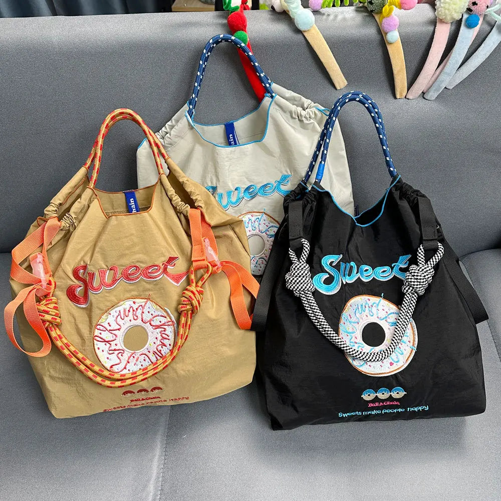Kawaii Donut Embroidery Bag Large-Capacity Girl Cute Handbag Shopping Oxford Bag Shoulder Nylon Bag