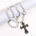 Fashion Bohemian Tribal Jewelry 8mm White Glass Pearl PEARL Knotted Metal Rhinestone Cross Pendant Necklace