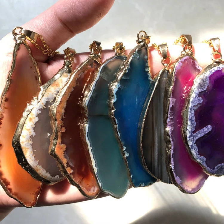 G963 Gold Plated Irregular Shape Jewelry Druzy Necklaces Natural Geode Stone Agate Pendant Necklace for Women