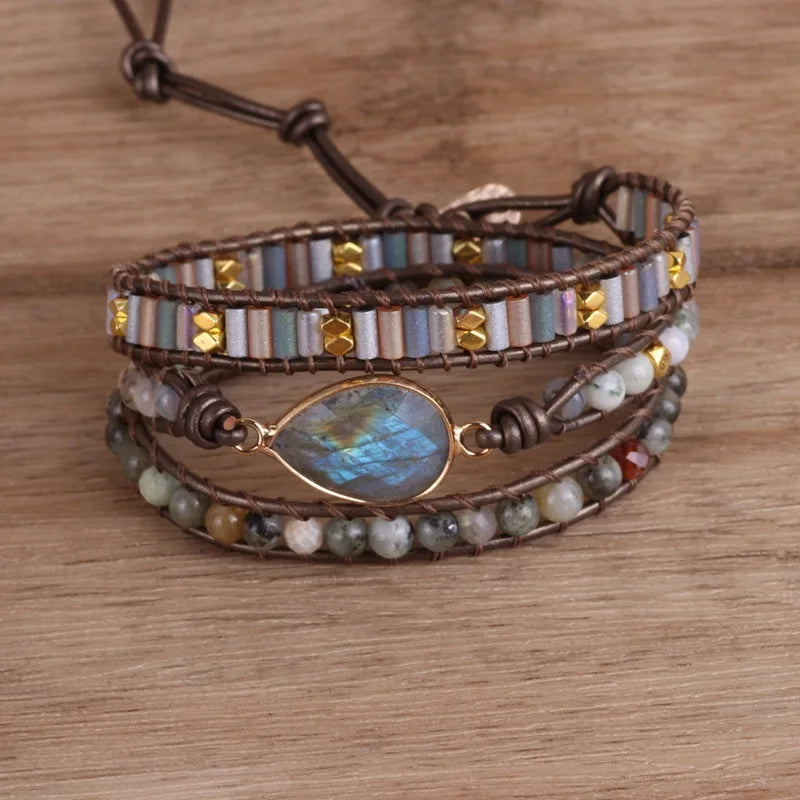 Bohemian Handmade Labradorite Multilayer Leather Wrap Natural Stone Bead Bracelet SKB035