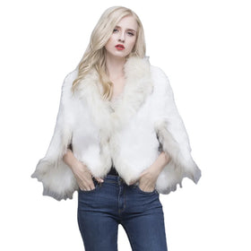 MWFur Winter Autumn Lady Fur Cloak Jacket Hand Knitted Rabbit Fur Cape with Fox Fur Collar for Women