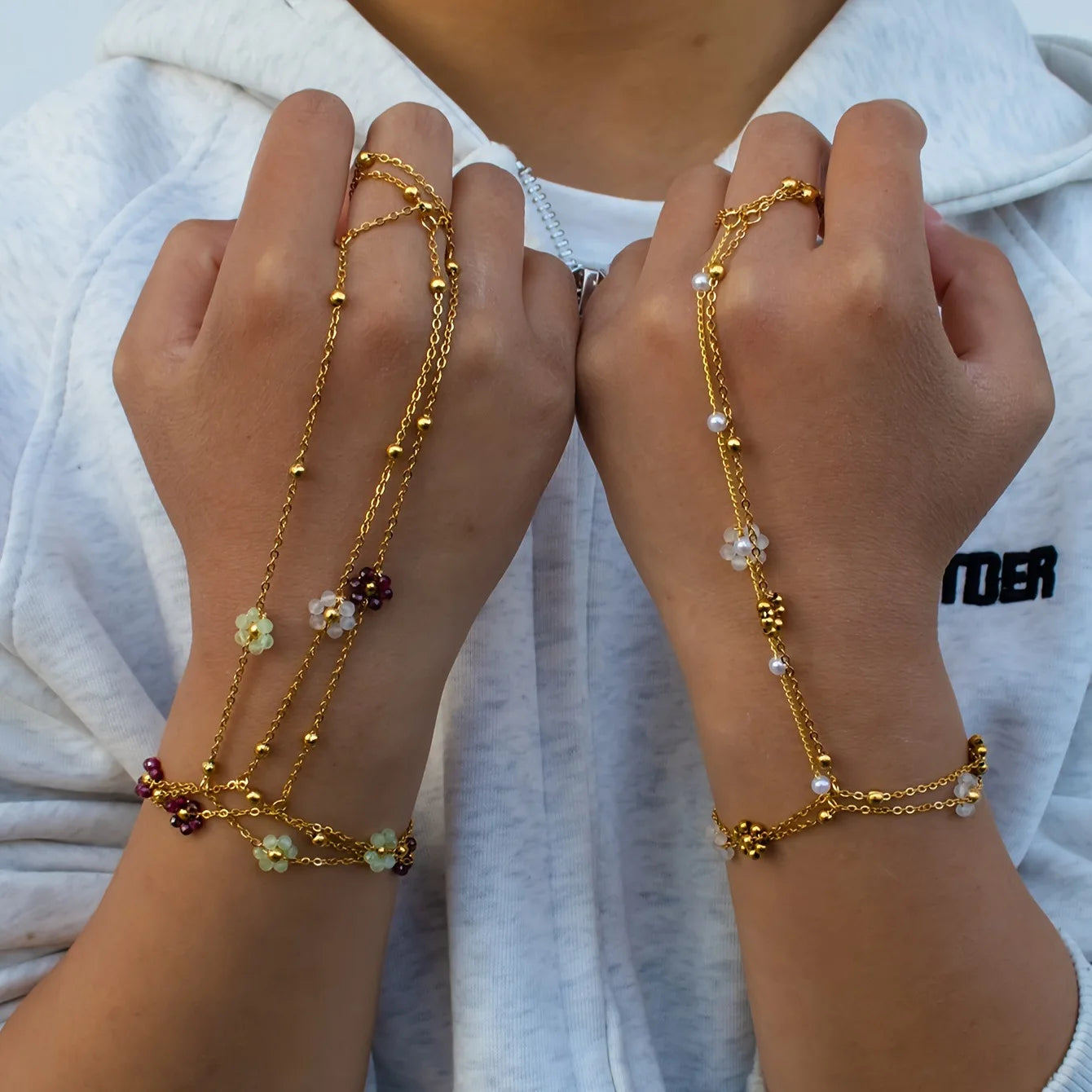 Gold-Plated Hand Chain Bracelets for Women Stack Bracelets Set Adjustable Trendy Dainty Ring Bracelet Hand Chain