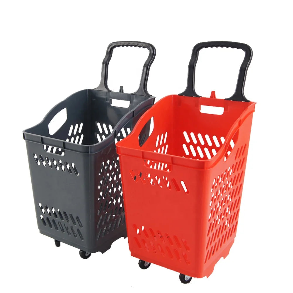 Large Capacity PP Rolling Shopping Basket with Wheels Plastic Trolley for Convenient Shopping