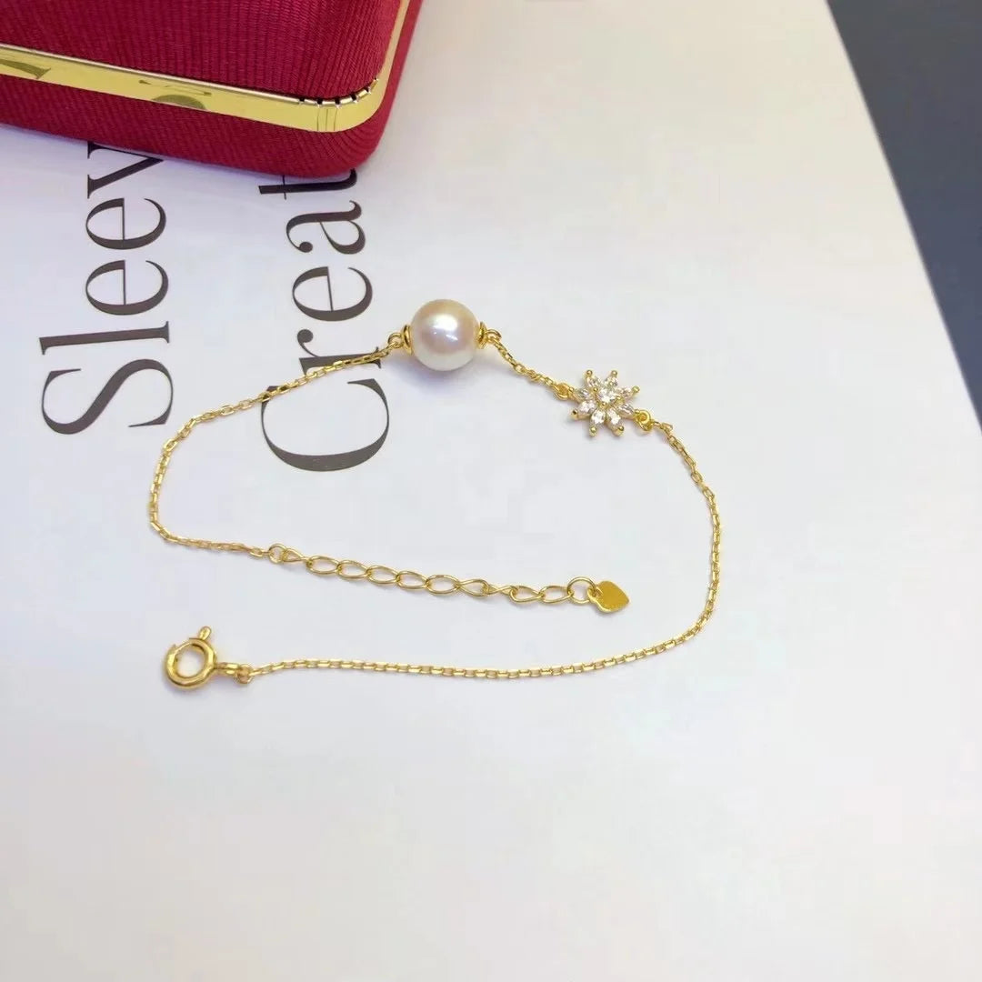 B372 7-8mm 925 Sterling Silver Gold Plated Wholesale Freshwater Pearl Charm Bracelet  Bangle Fancy Jewelry for Women