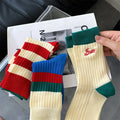 Custom Embroidery 2025 Red and Blue Color Matching Women's Mid-tube Cotton Double Needle Vertical Striped Ins Women Crew Socks