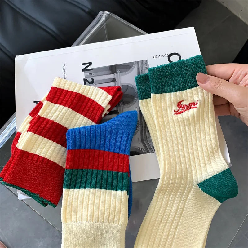 Custom Embroidery 2025 Red and Blue Color Matching Women's Mid-tube Cotton Double Needle Vertical Striped Ins Women Crew Socks