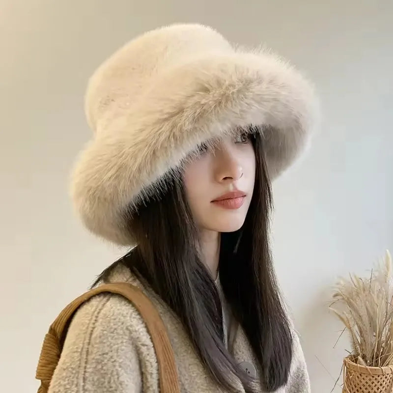 Fluffy Faux Fur Fisherman Plush Warm Hats Women Unisex Fuzzy Bucket Hat Big Elasticity Printed Character Casual Winter Wear